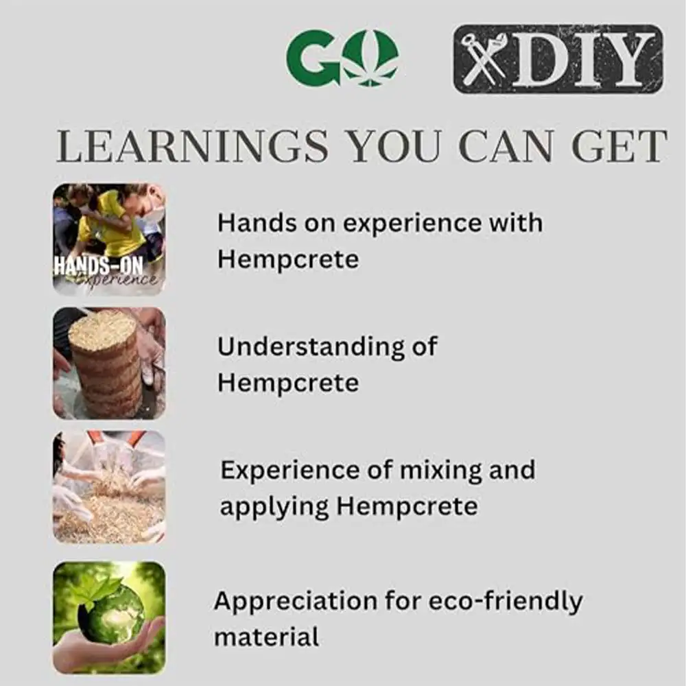 GoHemp Hempcrete DIY Kit (11 Items Kit), Hemp shives, Lime Binder, Mould, Tapping Tool, Gloves Mask, Head Cap, Hempseed Oil, Hemp Soap, Booklet, Plastic Sheet on itshemp.in