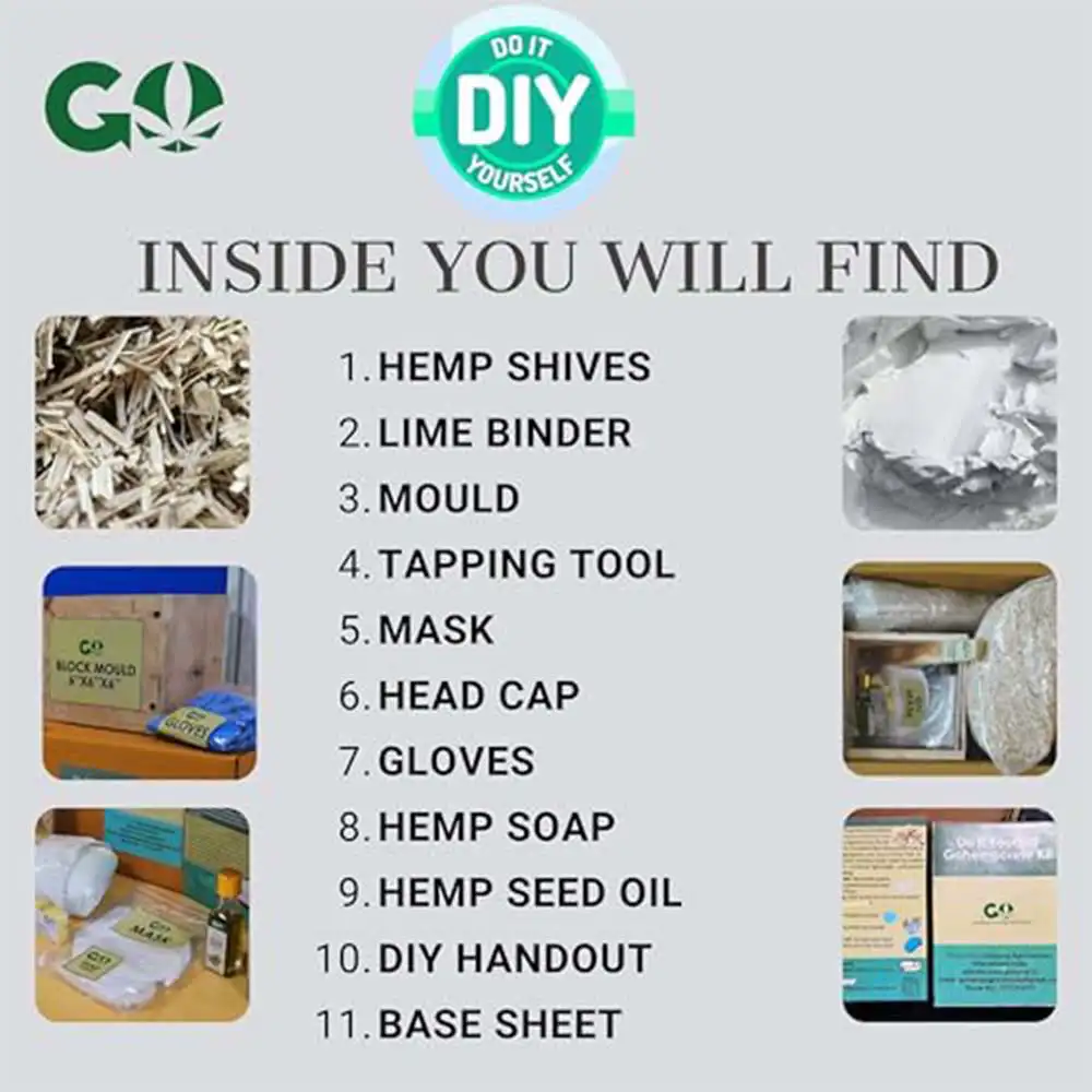 GoHemp Hempcrete DIY Kit (11 Items Kit), Hemp shives, Lime Binder, Mould, Tapping Tool, Gloves Mask, Head Cap, Hempseed Oil, Hemp Soap, Booklet, Plastic Sheet on itshemp.in