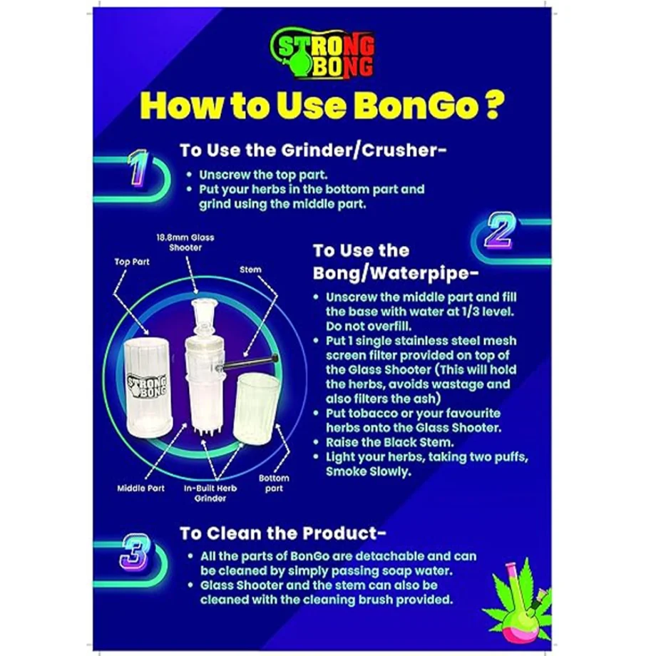 STRONG BONG Portable Travel Bong with Built-In Herb Grinder with Borosilicate Glass Shooter 18.8mm| Pocket-Friendly Size 6 Inch |2-in-1 Smoking Water Pipe + Crusher - Clear on itshemp.in