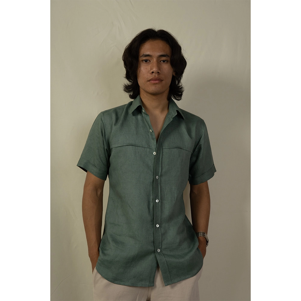 Hemis Horizontal Pleated Shirt, Deep Sage - Image 1