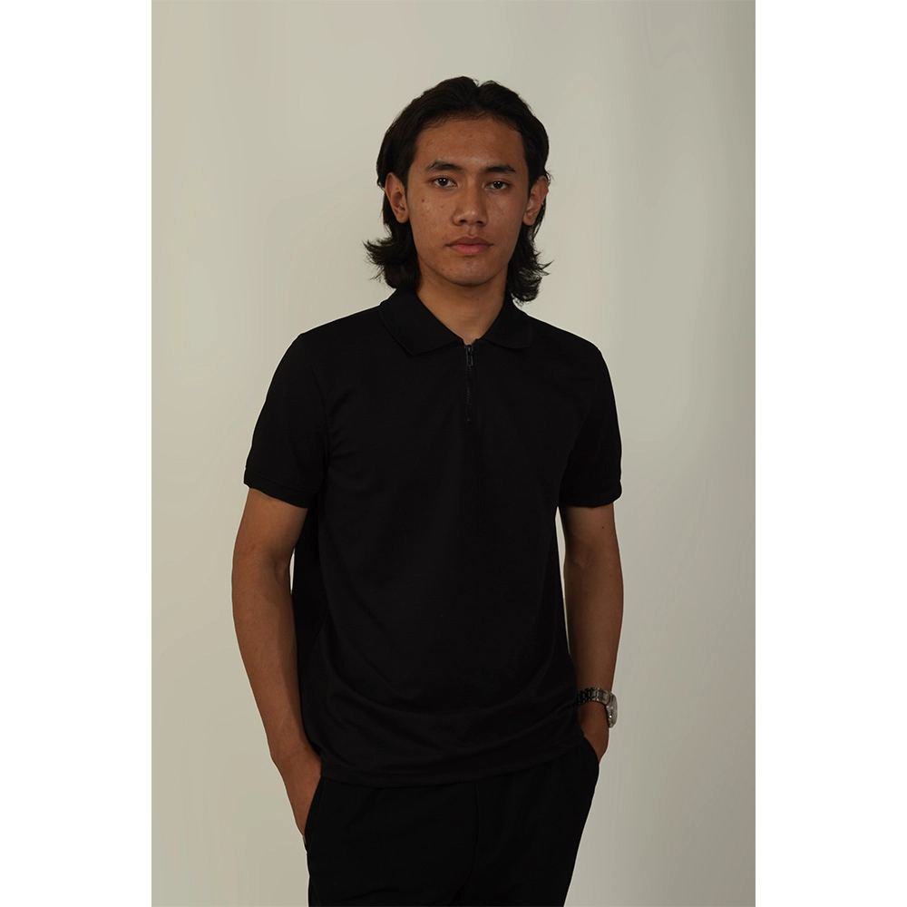 Hemis Textured Zipper Polo, Polished Black - Image 2