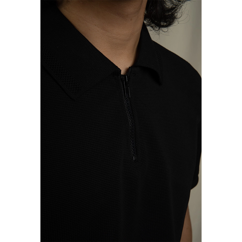 Hemis Textured Zipper Polo, Polished Black on itshemp.in