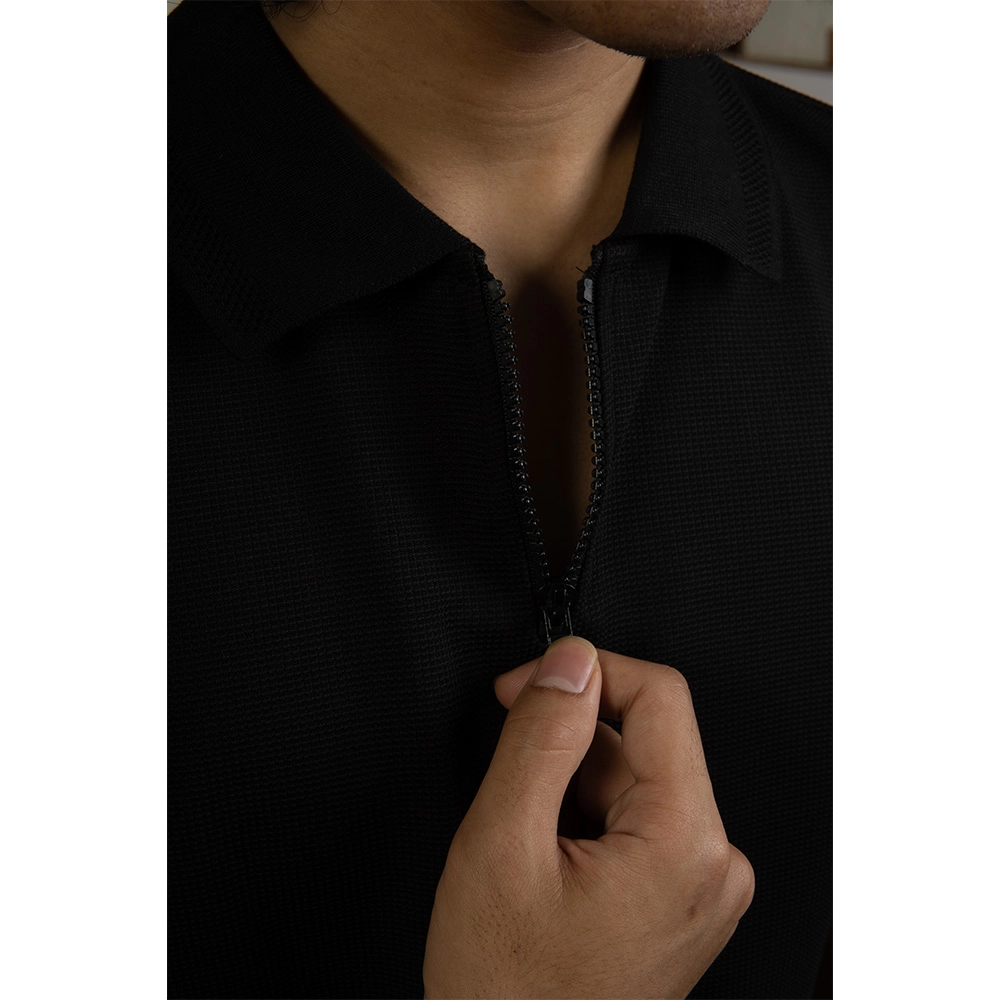 Hemis Textured Zipper Polo, Polished Black on itshemp.in