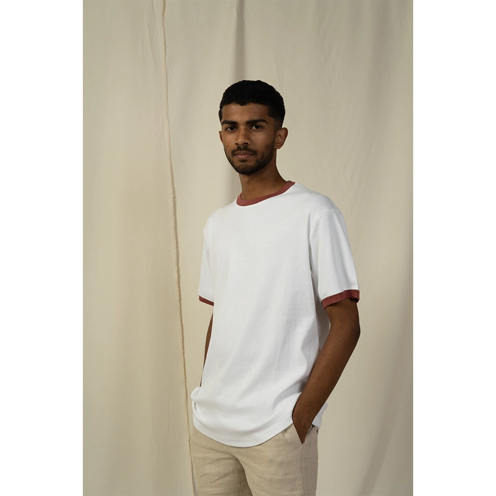 Hemis White Crew Neck T-shirt with Brick Detail on itshemp.in