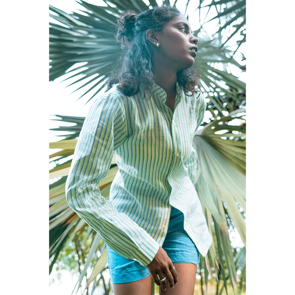 Hemis Forest Fortune Mandarin Collar Linen Shirt on itshemp.in