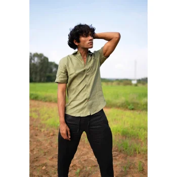 Ecentric Men Regal Olive Hemp Casual Half Sleeve Shirt on itshemp.in