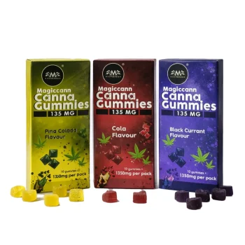 Magiccann Assorted all Flavours Extra Strong (CBD + THC) Premium Cannabis Cola Pinacolda Black Current Gummies 135mg Gummy of 30 Pcs