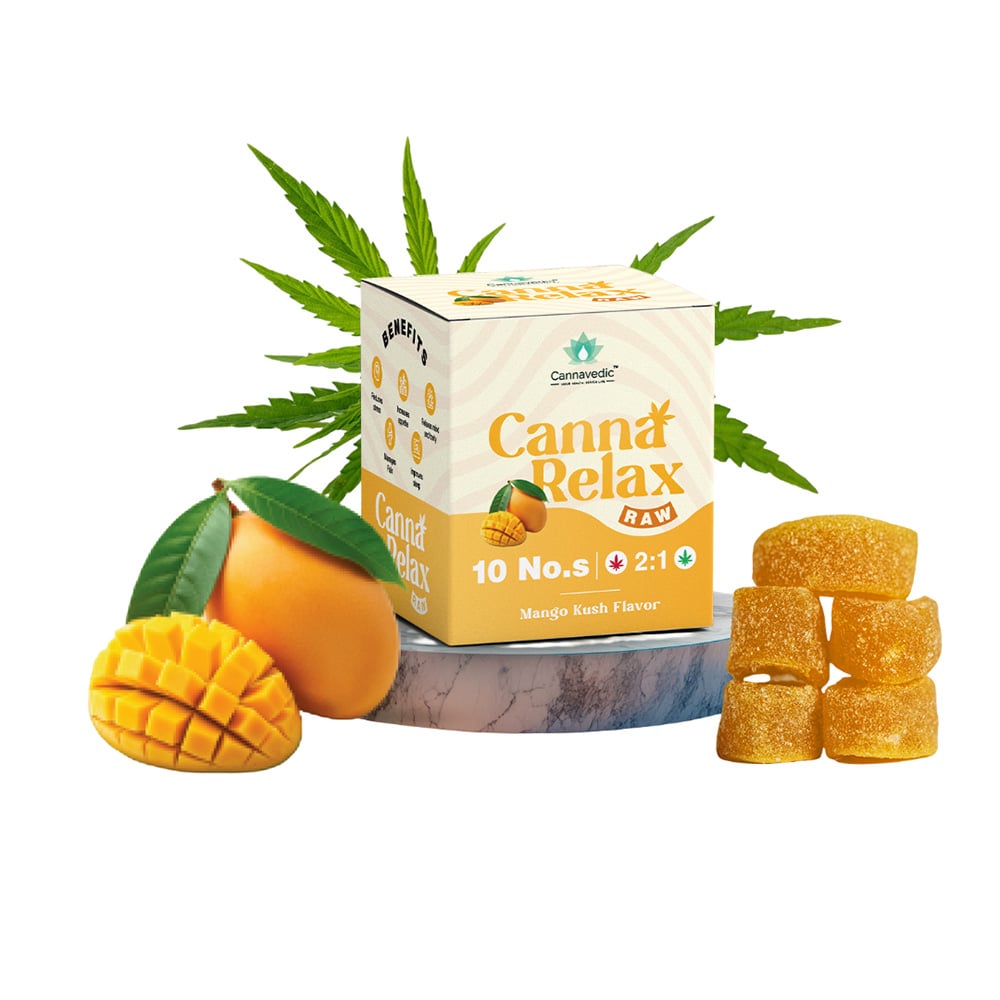 Cannavedic Canna Relax RAW Gummies Mango Flavor, (2:1 |THC:CBD), Pack of 10, 30mg - Image 1